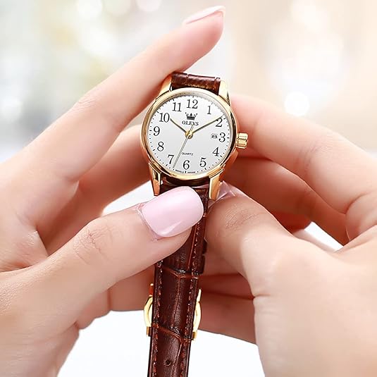 OLEVS Elegante reloj cronógrafo de cuero marrón para mujer, esfera mediana