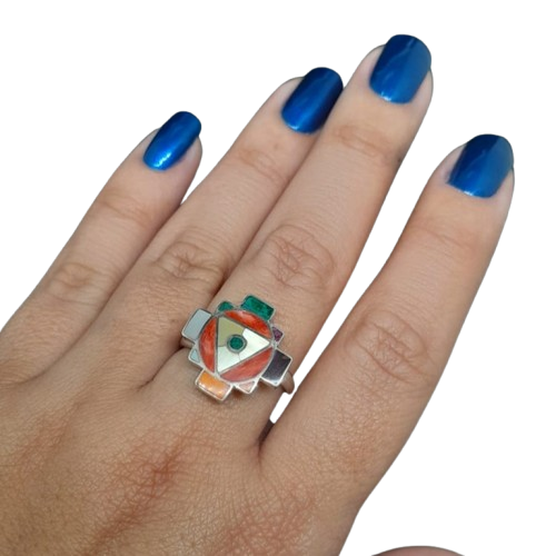 Anillo en Plata Ley 950 con Diseño de Chacana y Piedras Naturales apppcha35