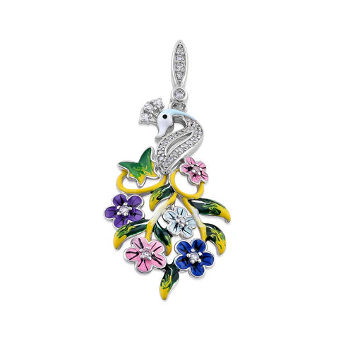 Colgante Cisne y flores CZ pintado a mano en plata WSPZ404
