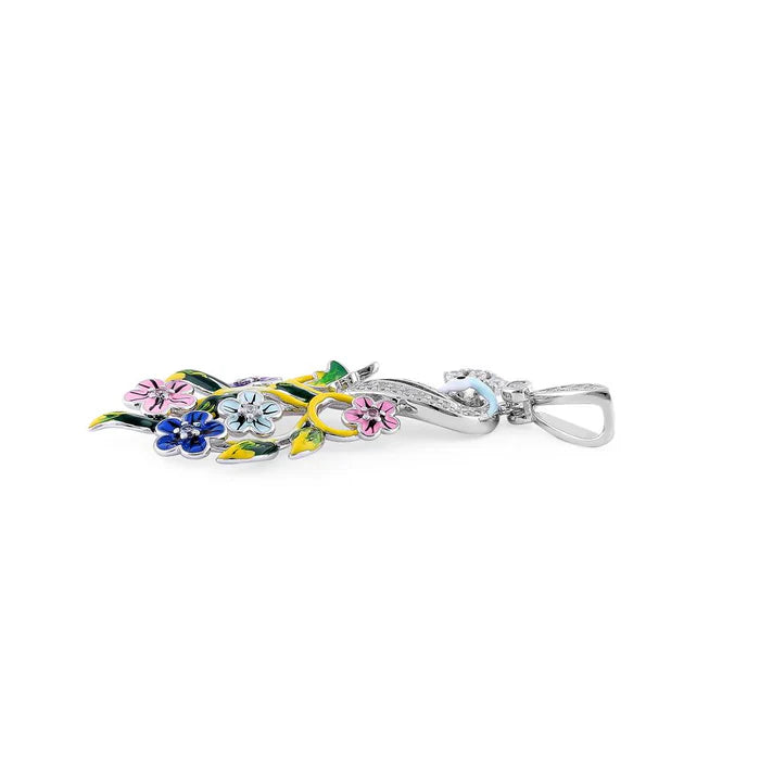 Colgante Cisne y flores CZ pintado a mano en plata WSPZ404