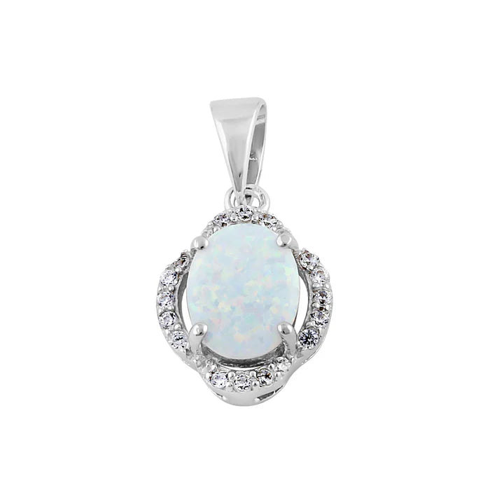 Elegante colgante de halo ovalado de ópalo de laboratorio blanco de plata de ley WSPZ449