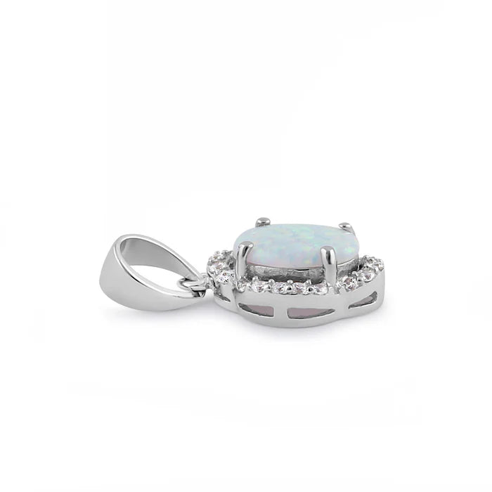 Elegante colgante de halo ovalado de ópalo de laboratorio blanco de plata de ley WSPZ449