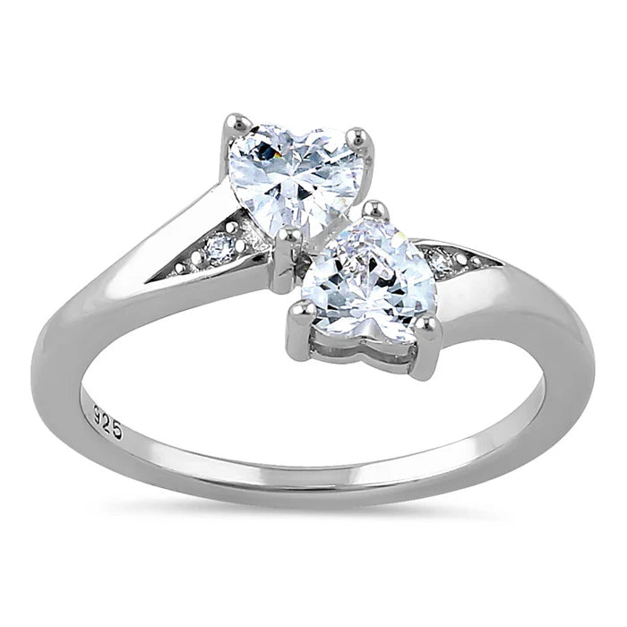 Anillo en plata Doble Corazón de circon Transparente L4