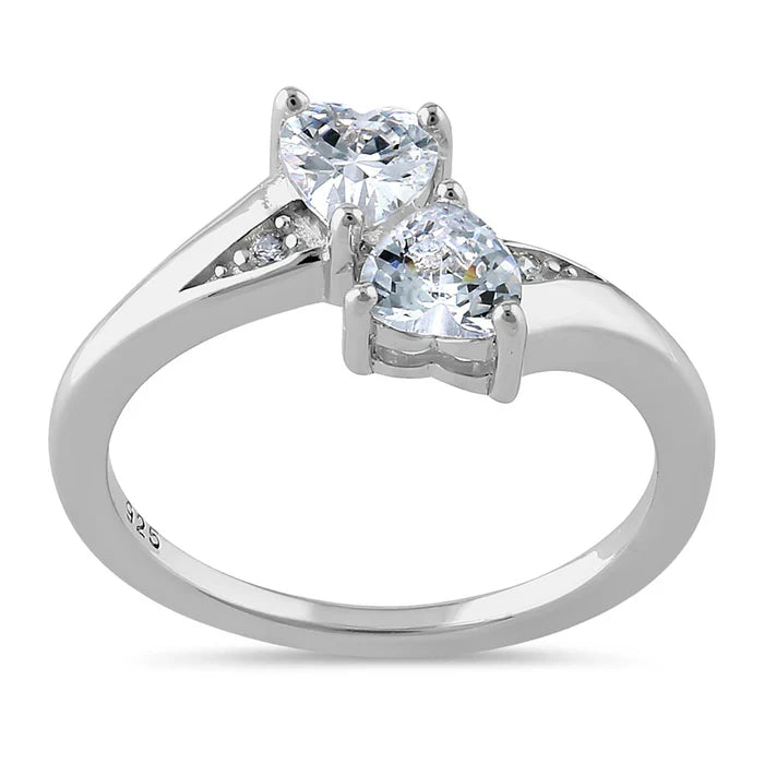 Anillo en plata Doble Corazón de circon Transparente L4