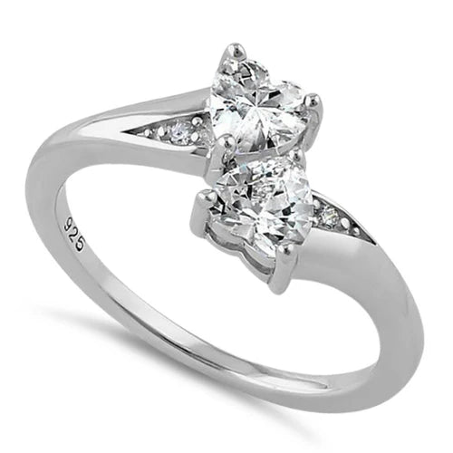 Anillo en plata Doble Corazón de circon Transparente L4
