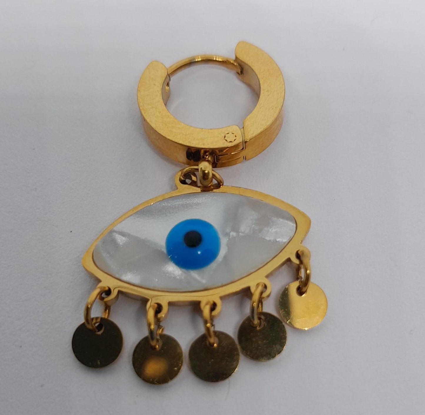 Aretes con Diseño de Ojo Turco y Esferas Colgantes en Acero AOTD8610