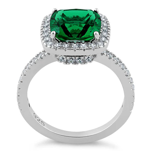 ANILLO EN PLATA LEY 925 CON ALMOHADON EN CIRCON VERDE ESMERALDA Y MICROCIRCONES ALREDEDOR