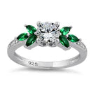 ANILLO EN PLATA LEY 925 CON CIRCONES COLO ESMERALDA DISEÑO HOJAS Y CIRCON CENTRAL L36