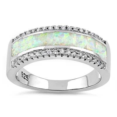 Anillo Barra larga de plata con opalo blanco de lab y circones L35