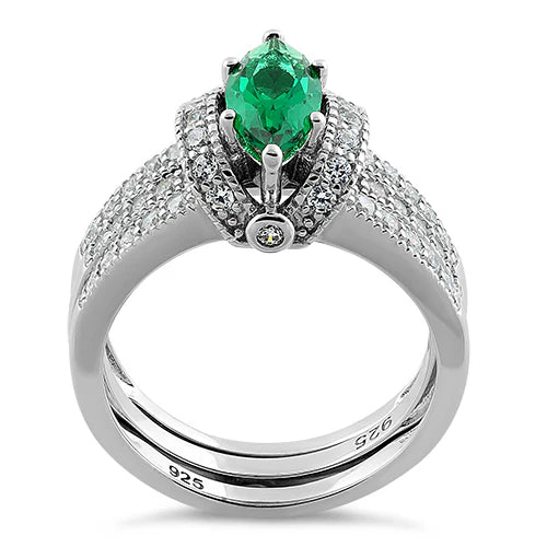 SET BODA EN PLATA LEY 950 MARQUESA CIRCONES COLOR ESMERALDA Y TRANSPARENTE L38