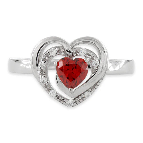 ANILLO EN PLATA CORAZON PEQUEÑO GRANATE