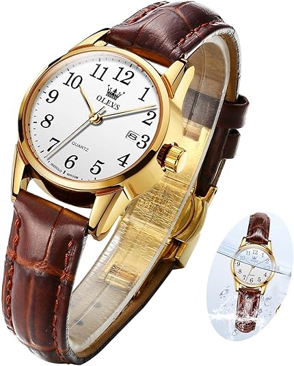OLEVS Elegante reloj cronógrafo de cuero marrón para mujer, esfera mediana