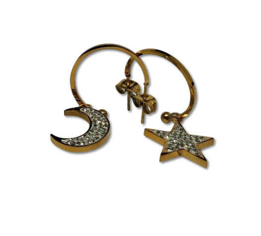Aretes Tipo Candonga con Luna y Estrella Colgantes en Cerámica con Microcircones de Acero Dorado AFZL8619