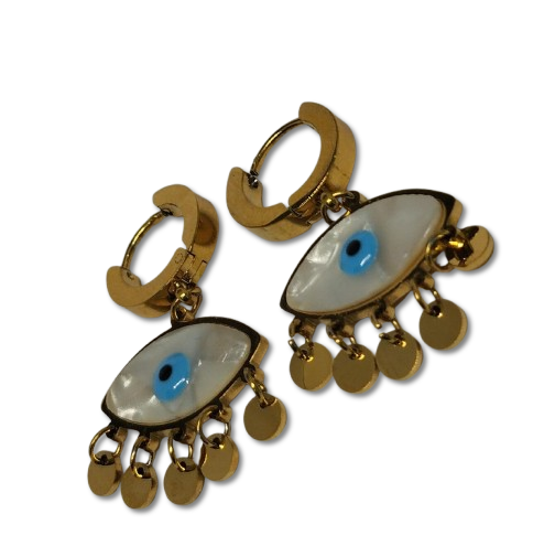 Aretes con Diseño de Ojo Turco y Esferas Colgantes en Acero AOTD8610