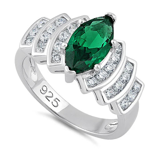 ANILLO EN PLATA LEY 925 CON CIRCON COLOR ESMERALDA TALLA MARQUESA Y MICROCIRCONESL24