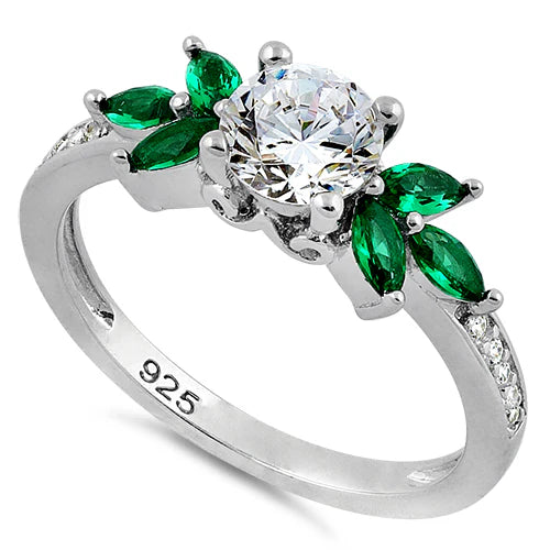ANILLO EN PLATA LEY 925 CON CIRCONES COLO ESMERALDA DISEÑO HOJAS Y CIRCON CENTRAL L36