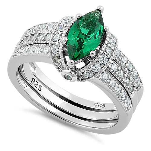 SET BODA EN PLATA LEY 950 MARQUESA CIRCONES COLOR ESMERALDA Y TRANSPARENTE L38