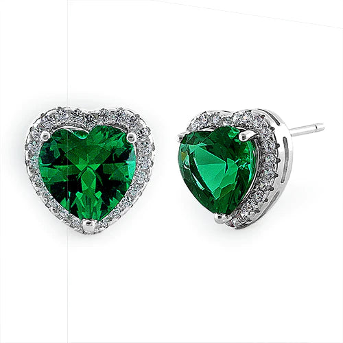 PENDIENTES CORAZÒN EN PLATA LEY 925 CIRCON VERDE ESMERALDA PPCH40