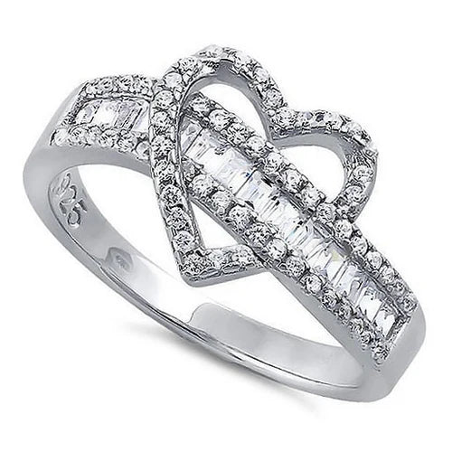 Anillo en plata Corazón Exótico con circones estilo baguette y microcircones L17