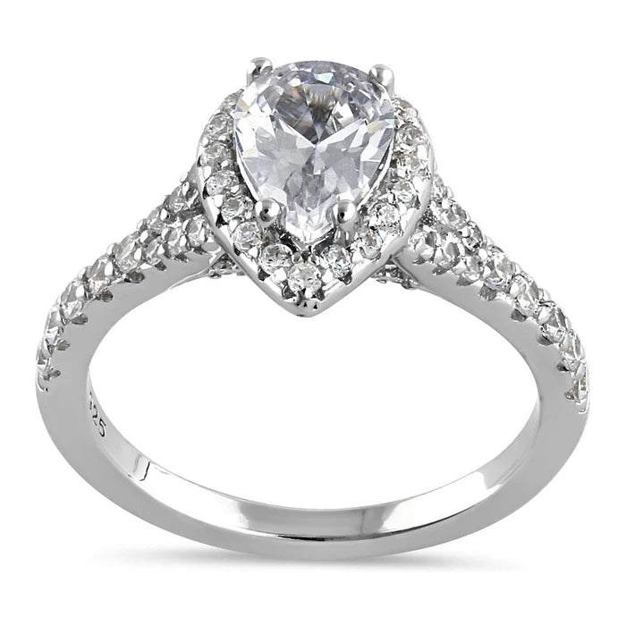 Anillo de compromiso en plata con circon central corte pera diseño halo de tacto victoriano L29