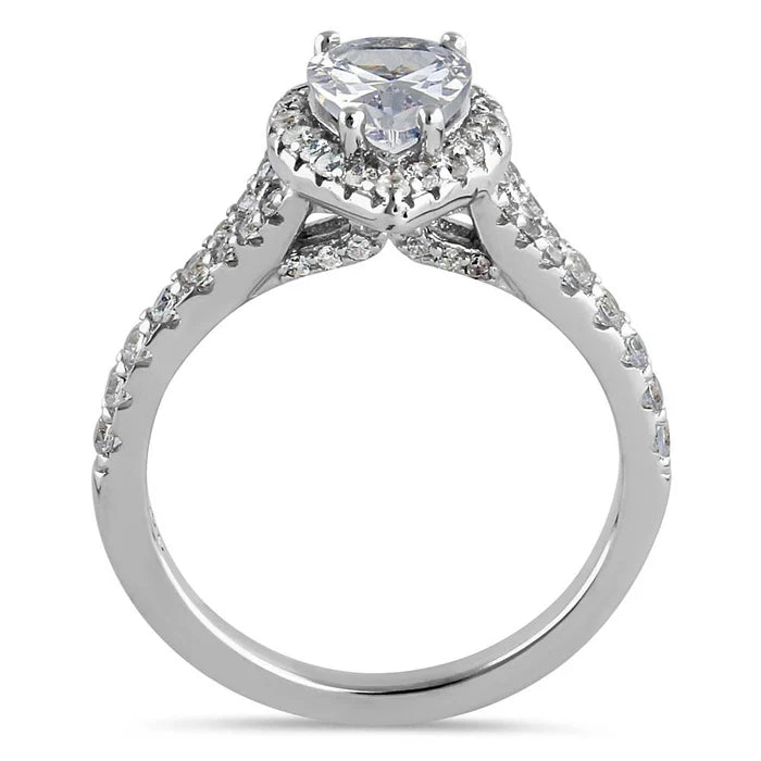 Anillo de compromiso en plata con circon central corte pera diseño halo de tacto victoriano L29