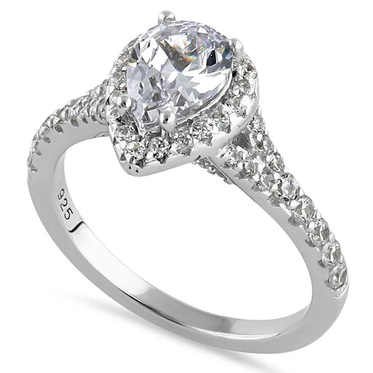 Anillo de compromiso en plata con circon central corte pera diseño halo de tacto victoriano L29