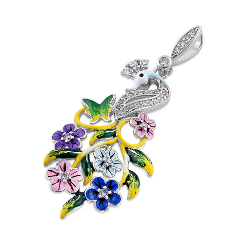 Colgante Cisne y flores CZ pintado a mano en plata WSPZ404