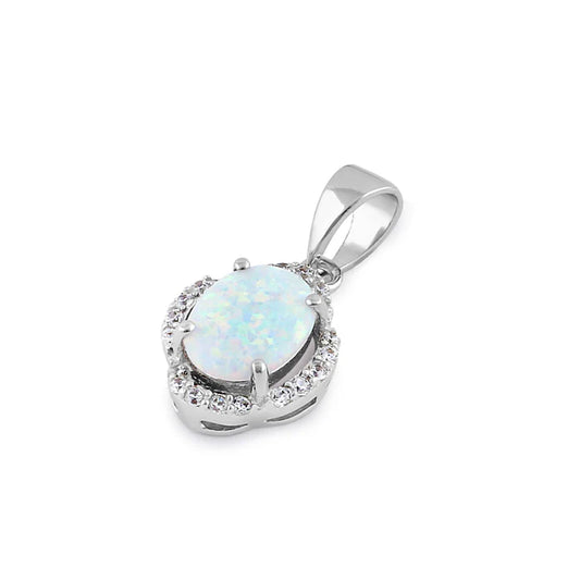 Elegante colgante de halo ovalado de ópalo de laboratorio blanco de plata de ley WSPZ449