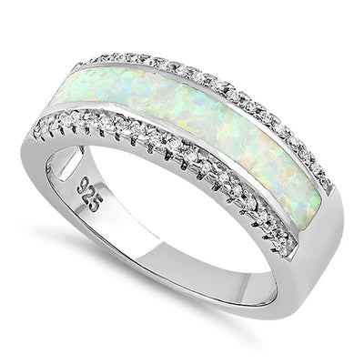 Anillo Barra larga de plata con opalo blanco de lab y circones L35