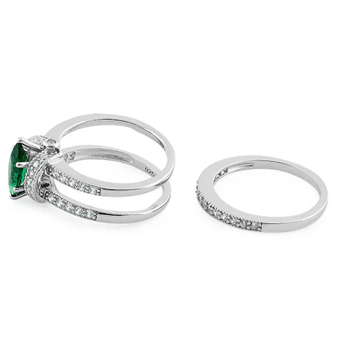SET BODA EN PLATA LEY 950 MARQUESA CIRCONES COLOR ESMERALDA Y TRANSPARENTE L38